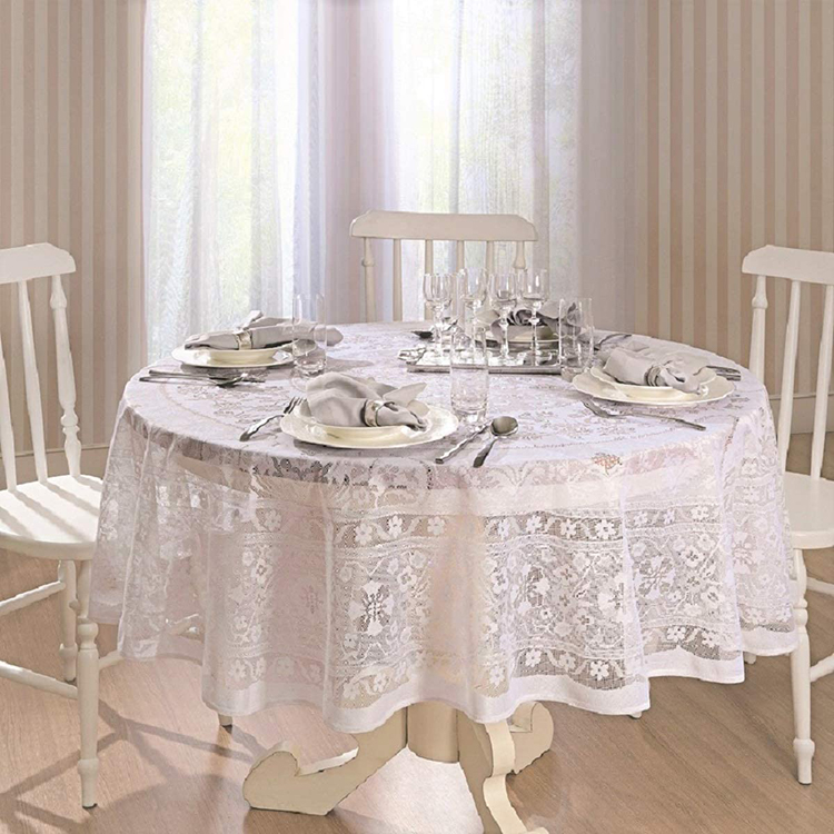 Weißer, eleganter Spitzenbezug mit floralem Jacquard für runde Tischdecken für Hochzeitsfeiern