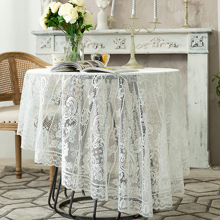 Decken Sie Abendessen weiße Hochzeit Blumenjacquard-Polyester-Spitze-einfarbige Tischdecke runden Tischstoff ab