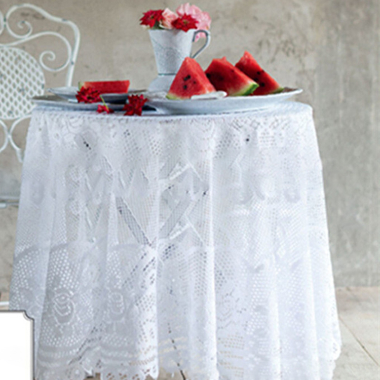 Benutzerdefinierte Blumen Esszimmer Polyester Hochzeit weißen Jacquard einfarbige runde Spitze Tischdecke Stoff