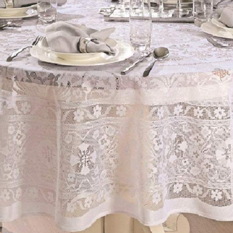 Weißer, eleganter Spitzenbezug mit floralem Jacquard für runde Tischdecken für Hochzeitsfeiern