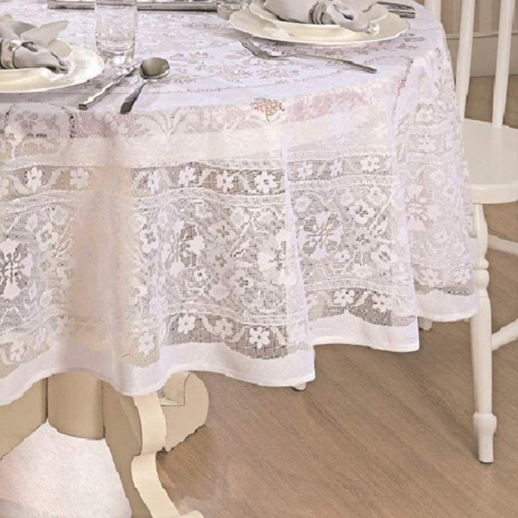 Weißer, eleganter Spitzenbezug mit floralem Jacquard für runde Tischdecken für Hochzeitsfeiern