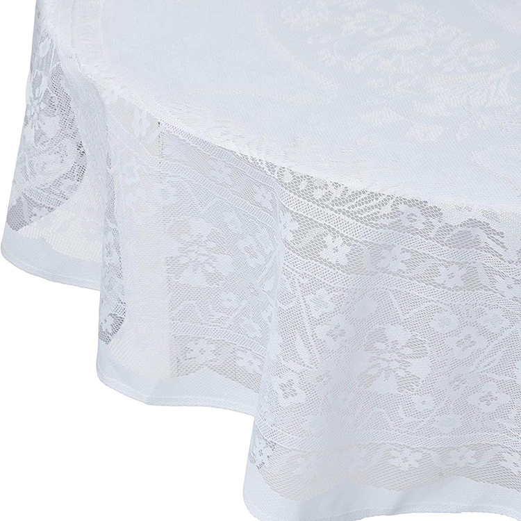 Weißer, eleganter Spitzenbezug mit floralem Jacquard für runde Tischdecken für Hochzeitsfeiern